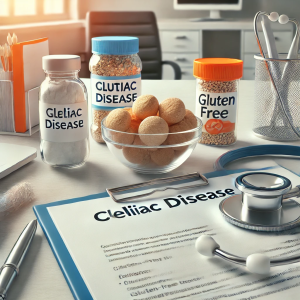 DALL·E 2024-08-28 14.31.36 - A realistic medical scene featuring materials related to celiac disease, including a stethoscope, medical charts, and gluten-free food items on a clea